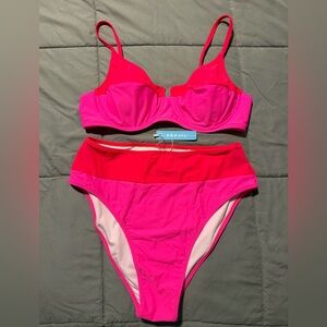Brand NWT Popvil Vibrant Pink and Red High Waisted Bikini Set Size L